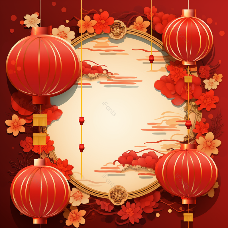 中国传统新年红灯笼和鲜花的插图,插画/手绘图,插画/手绘图库,插画/手绘图下载,插画/手绘